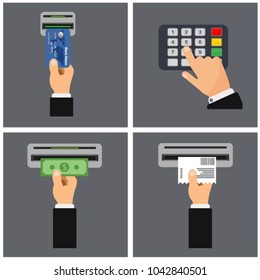 Flat design of ATM terminal usage concept. Step-by-step instructions for using ATM. Hand pushing credit card into atm machine slot and getting money. Entering PIN and getting receipt.