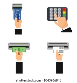 Flat design of ATM terminal usage concept. Step-by-step instructions for using ATM. Hand pushing credit card into atm machine slot and getting money. Entering PIN and getting receipt.