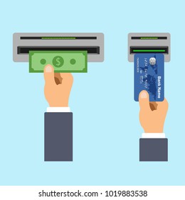 Flat design of ATM terminale usage concept. Hand pushing credit or debit card into the atm machine slot and getting money. Card reader icon. Vector illustration. Isolated