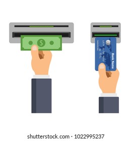 Flat design of ATM terminale usage concept. Hand pushing credit or debit card into the atm machine slot and getting money. Card reader icon on transparent background. Vector illustration. Isolated