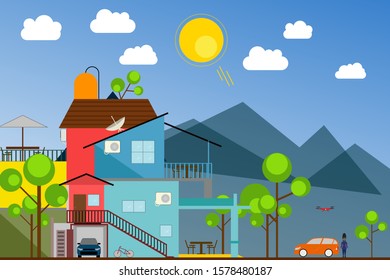 Flat design of the atmosphere around the house during a relaxing afternoon