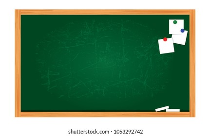 Flat design of attrition blackboard background and wooden frame. Empty clean with scratches green chalkboard. Vector illustration isolated on white background