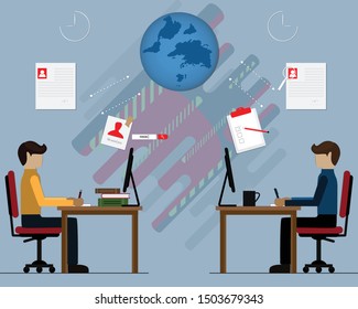 Flat design of automation job interview process concept,Young man answers the question for hiring recruitment via online website,vector illustrator