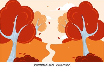 Flaches Design, Herbsthintergrund mit bunten Bäumen