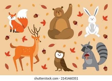 flat design autumn forest animals set