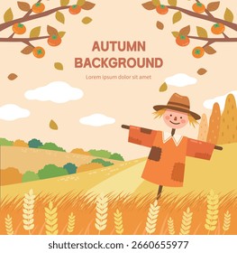 Flaches Design Herbst Ernte Hintergrund mit Vogelscheuche und Weizenfeld