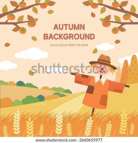 Flat Design Autumn Harvest Background with Scarecrow and Wheat Field