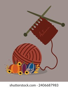 Flat Design Autumn Illustration Ball Wool and Knitting Needles, Pumpkins, Sunflowers, Leaves