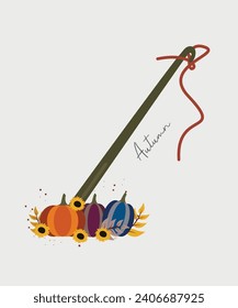 Flat Design Autumn Illustration with Crochet Hook Needle and Pumpkins,Sunflowers,Leaves