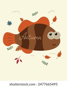 Flat Design Autumn Illustration with Fish and Leaves Background