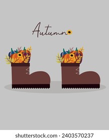 Flat Design Autumn Illustration with Hiking Boots and Pumpkins,Sunflowers,Leaves