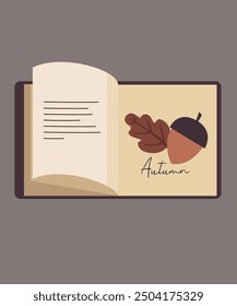 Flat Design Autumn Illustration with Open Book at Acorn,Leaf