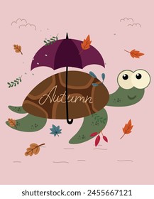 Flat Design Autumn Illustration with Turtle and Umbrella