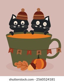 Flat Design Autumn Illustration with Two Black Cats and a Cup of Drink