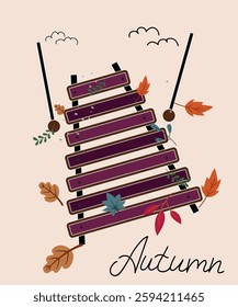 Flat Design Autumn Illustration with xylophone and Leaves Background