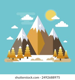 Flat Design Autumn Landscape with Mountains Vector Background