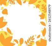 Flat Design Autumn Leafy Frame in Orange and Yellow Silhouette Style, with Various Leaves Surrounding a Transparent Center. Perfect for Seasonal Designs. Square Shape.