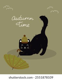 Flat Design Autumn Time Illustration with Cute Character Black Cat and Wear Hat,Umbrella