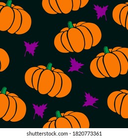 Flaches Design Herbstgemüse Nahtlose Kürbis und Blätter Muster auf dunkelgrünem Hintergrund Orange, Grün, violette Elemente