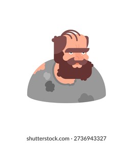 Flat design avatar of a homeless man with a big beard and worn clothing. Social issue and urban life portrait icon.