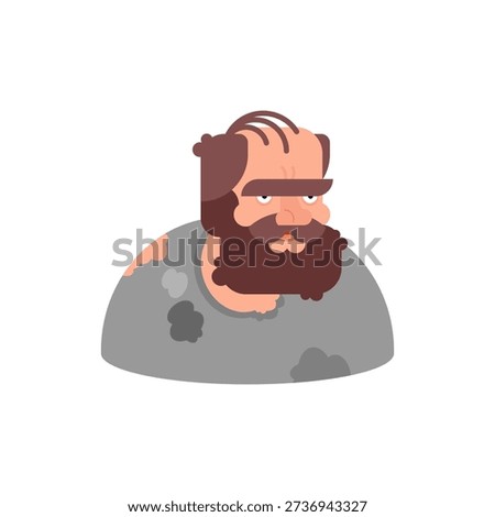Flat design avatar of a homeless man with a big beard and worn clothing. Social issue and urban life portrait icon.