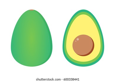 Diseño plano aguacate, entero y medio cortado, aislado sobre fondo blanco.