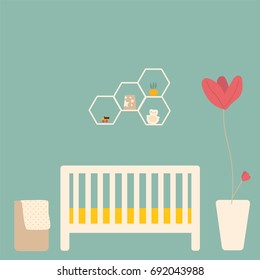 flat design, baby room with bed, basket, shelf. vector
