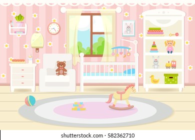 Flat design. Baby room with a  shelf,  toys, cot, bedside  table, armchair  and rug. Children's room.