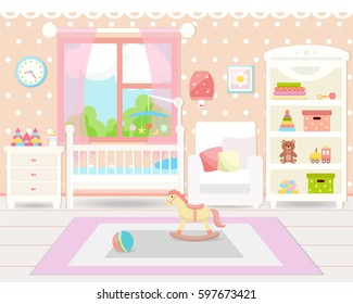 Flat design. Baby room with a  shelf,  toys, cot, bedside  table  and rug.Children's room.
