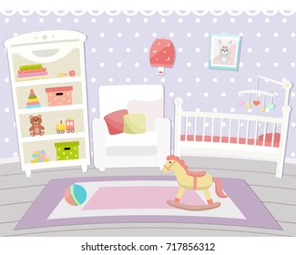 Flat design. Baby room with a  shelf,  toys, cot, bedside  table  and rug. Children's room.