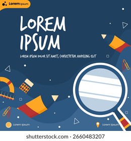 Anuncio de regreso a la escuela de diseño plano con lápiz, lupa, Clip de papel y papelería colorida sobre fondo Abstractas azul oscuro - Ilustración vectorial educativa