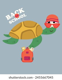 Flat Design Back To School Illustration with Turtle Wearing Bag, Hat, Sunglasses