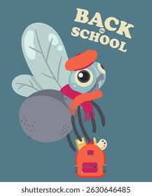 Flat Design Back To School Illustration with Fly Insect Wearing Beret, Scarf, Bag