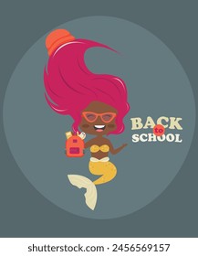  Flat Design Back To School with Mermaid at Sunglasses, Bag,Hat