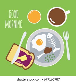flat design background with food & drink breakfast like fried egg, fish bones, toast bread with berries or plum & fig jam & butter, bean, chicken, coffee & orange juice or tea isolated cartoon vector