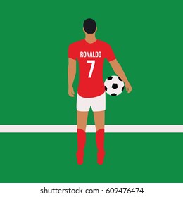 Flat Design Background Green Field & Back Of Ronaldo & Red White Uniform Vector Illustration With The Number Seven 7. The Player Holding With Hands One Football Or Soccer Isolated Sport 