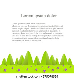 Flat design background with green mountains, hills, valley, violet crocus on white, Lorem ipsum, stock vector illustration