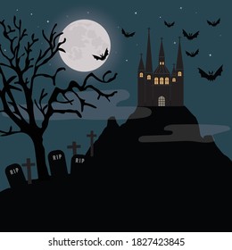 Flat design background for halloween with haunted castle