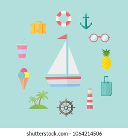 Flat design background with icons representing summer, vacation, travel, sea and and journey objects. Color vector illustration