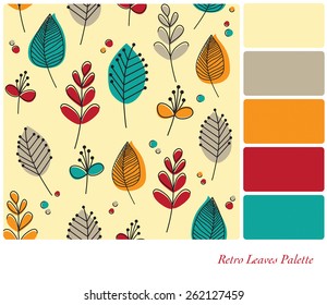 A flat design background of retro leaves and flowers, in a colour palette with complimentary colour swatches. EPS10 vector format.