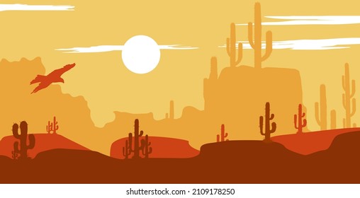 flat design background skyline birds eagles trees texas cowboy charts clouds hills mountains wild west dry plants hot sunrise soil rock arizona illustration backgroundsvector