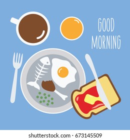 flat design background with tasty food & drink for breakfast like fried egg, fish bones, toast bread with strawberry jam & butter, bean, chicken, coffee & orange juice or tea isolated cartoon vector