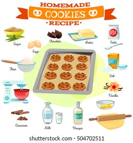 Flat Design Baking Ingredients And Recipe For Delicious Homemade Chocolate Cookies Isolated Vector Illustration