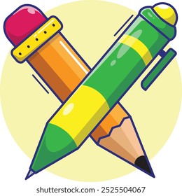 Diseño plano bolígrafo y lápiz accesorios de dibujos animados equipo de escritura herramientas. concepto de estilo de Vector de dibujos animados plano