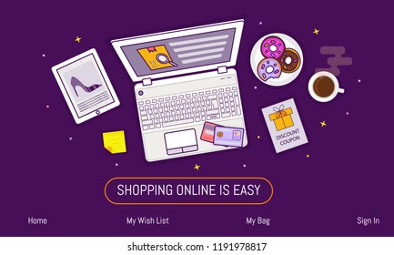 Flat design baner, landing page template of web page for online shopping. Easy to edit and customize. Vector illustration