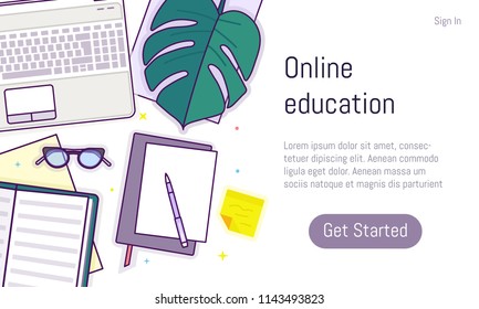 Flat design baner for online education, training courses, e-learning, distance trainings. Landing page template, easy to edit and customize. Vector illustration.