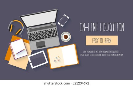 Flat design baners for online education, training courses, e-learning, distance trainings. Vector illustration.