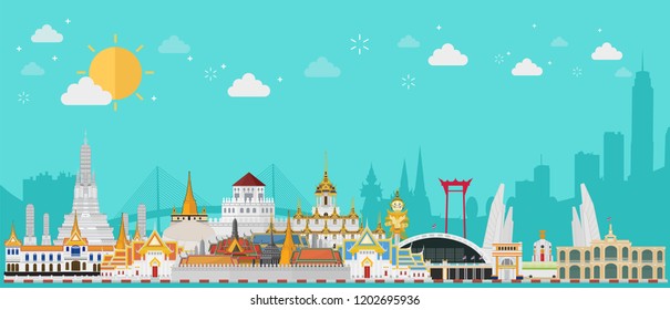 Flat design, Bangkok in Thailand and Landmarks and travel place,temple