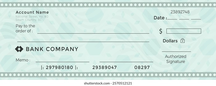 Flat design Bank check check book template with pattern and blank fields