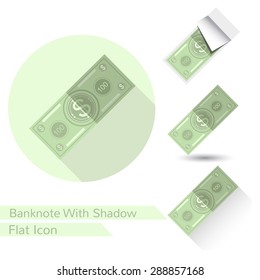 Flat design bank note vector icon on white with oval shadow long shadow and folded corner